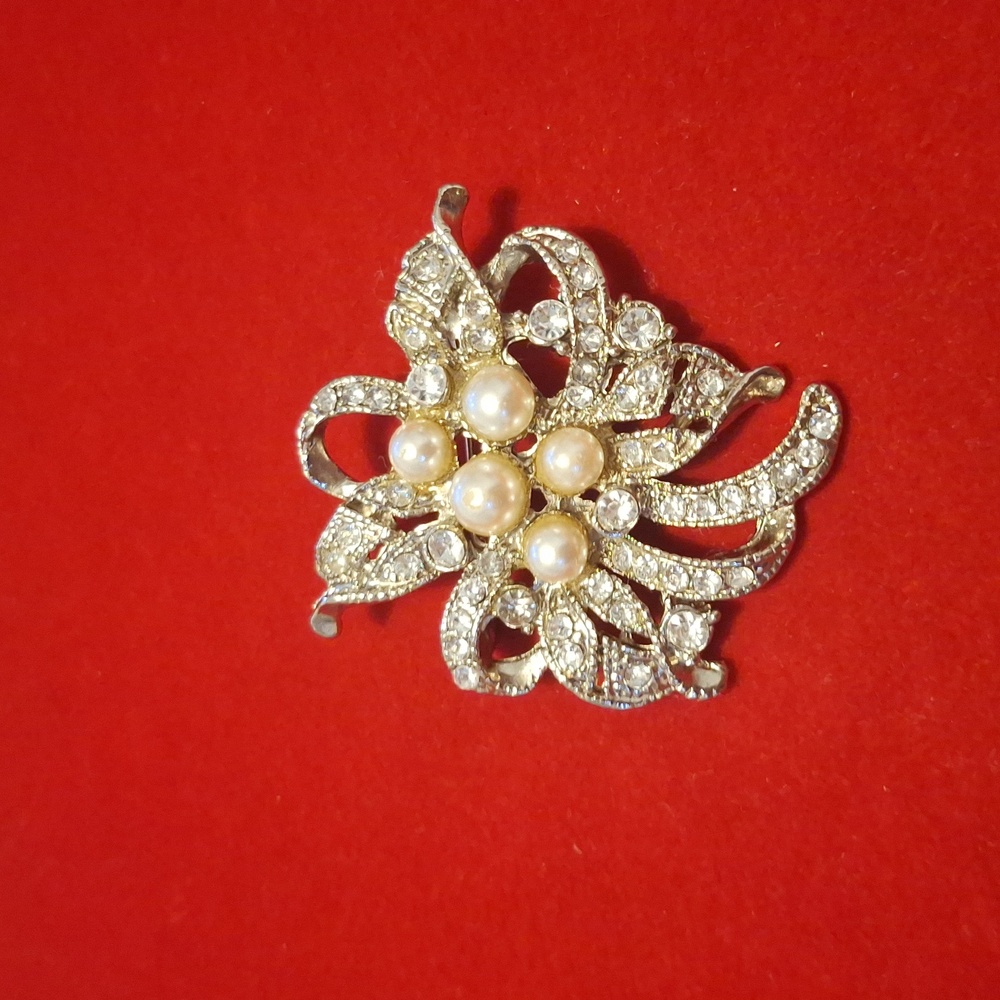 Gold Pearl Cluster Brooch on Red Background